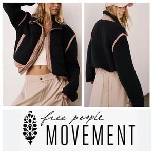 NWT Free People FP Movement Courtside Fleece Jacket in Black & Peach Bark Combo
